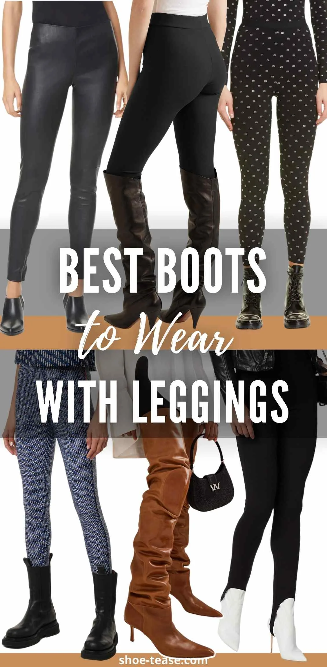 Collage of cropped view of 6 women wearing different boots with leggings.