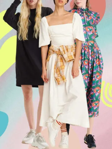 Collage of 3 women wearing different dresses with sneakers outfits.