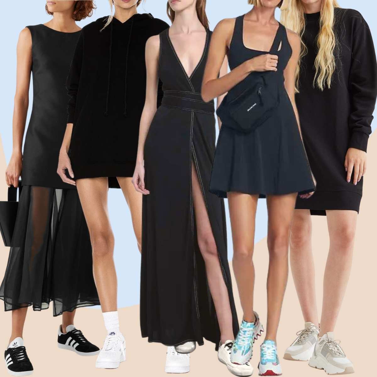Collage of 5 women wearing different black dresses with sneakers outfits.