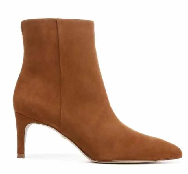brown suede ankle boot with almond toe and stiletto heel on a white background.