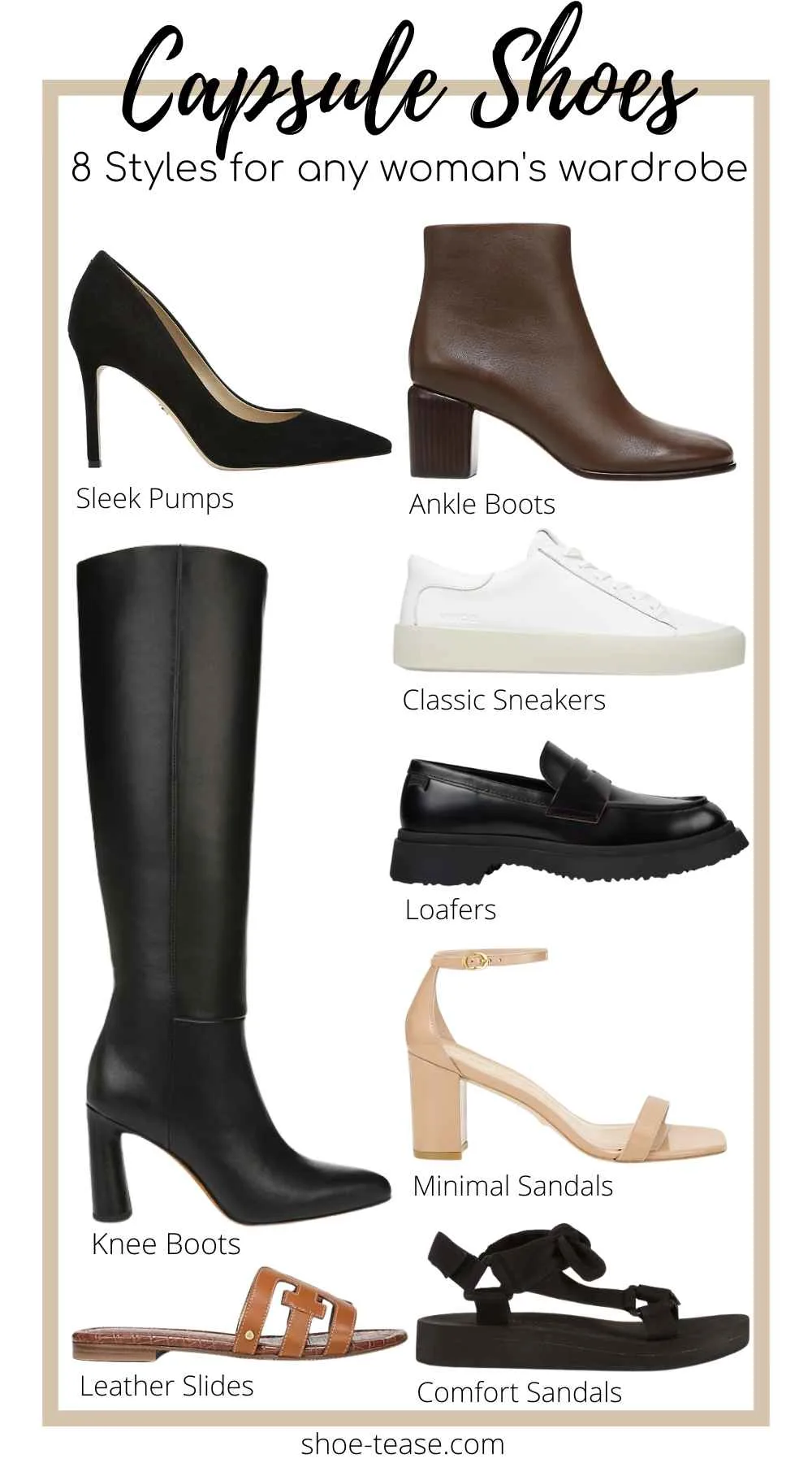 Collage of 8 neutral shoes and boots to build a capsule shoe wardrobe.