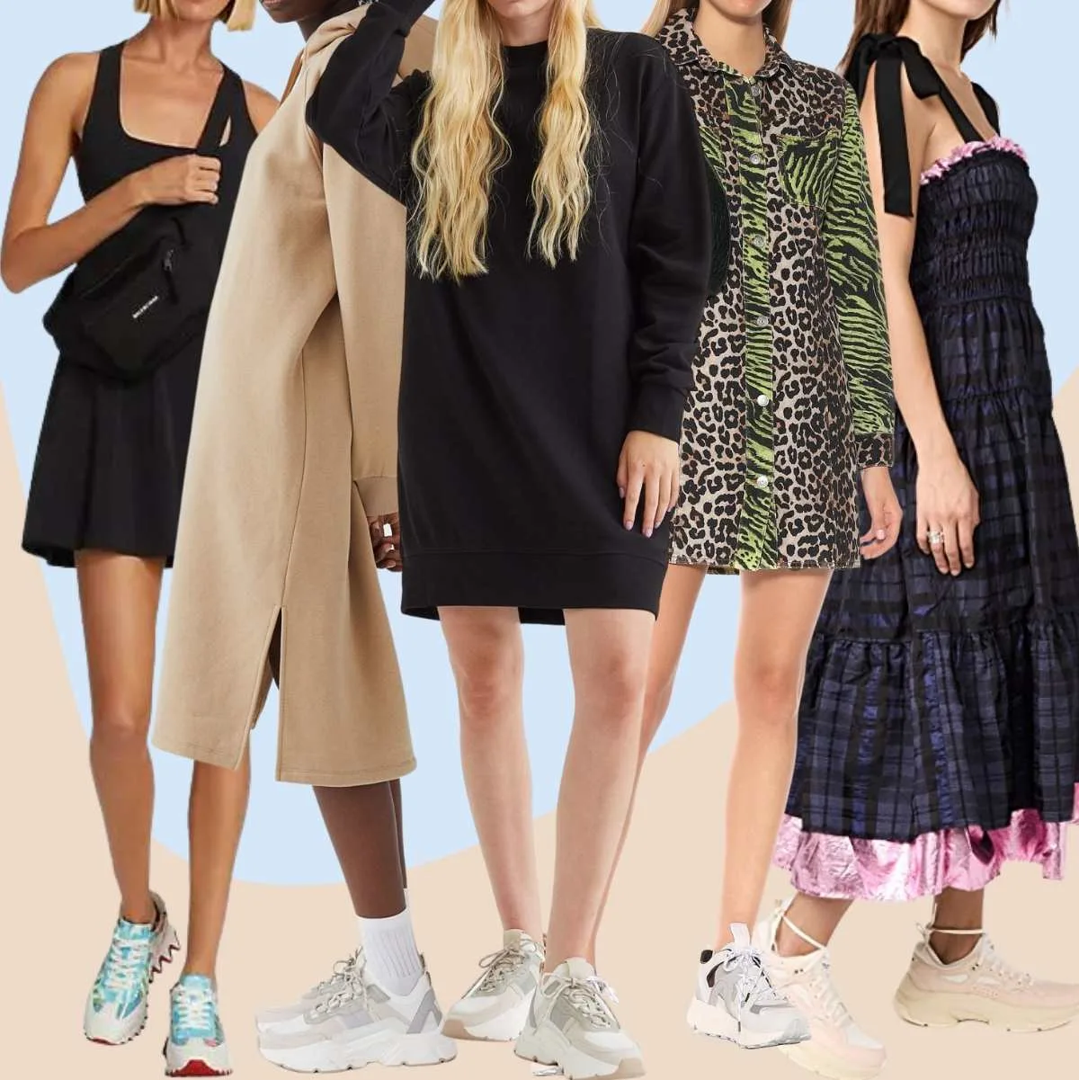 Collage of 5 women wearing chunky sneakers with dresses.