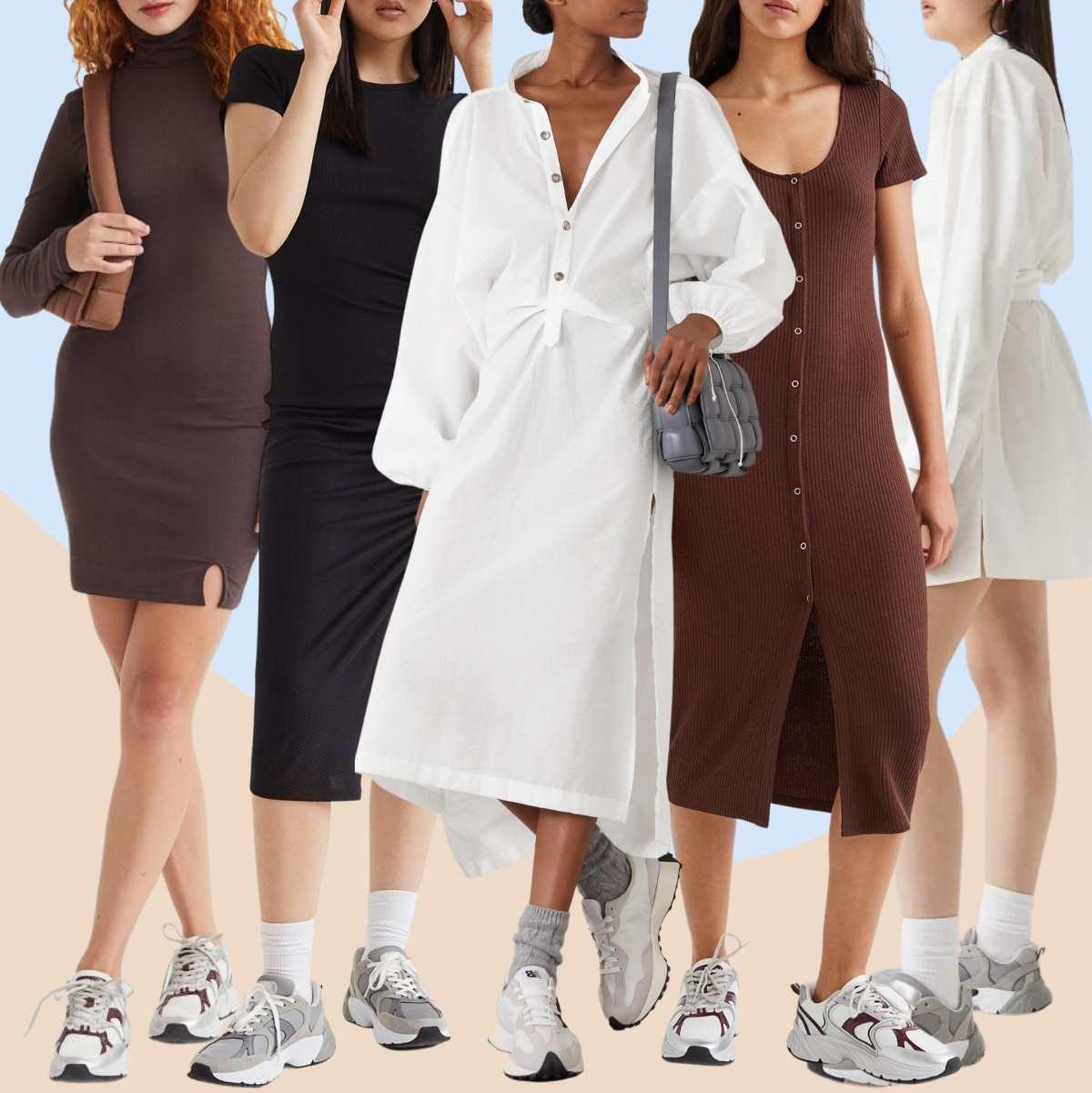 Collage of 5 women wearing dad sneakers with dresses.