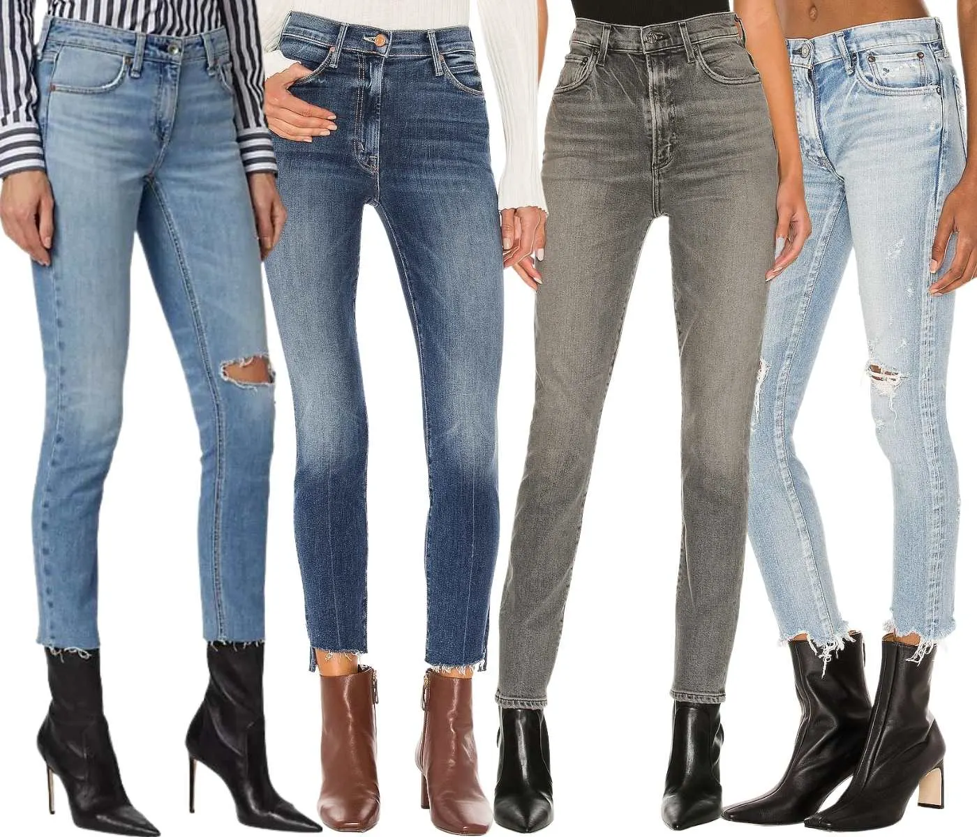 Collage of cropped view of 4 women's legs wearing different ankle boots with slim jeans.