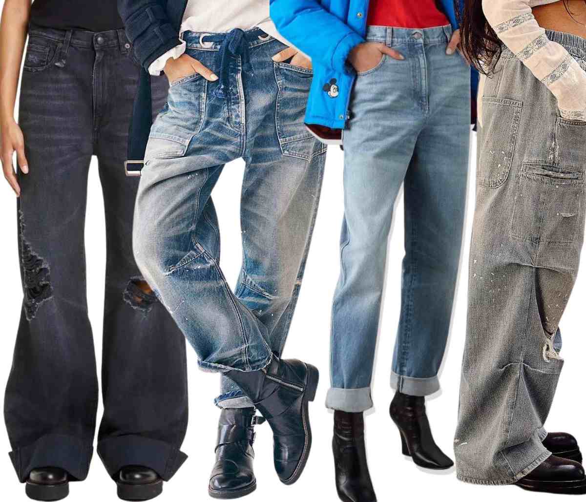 Collage of cropped view of 4 women's legs wearing different ankle boots with jeans that are baggy and loose.