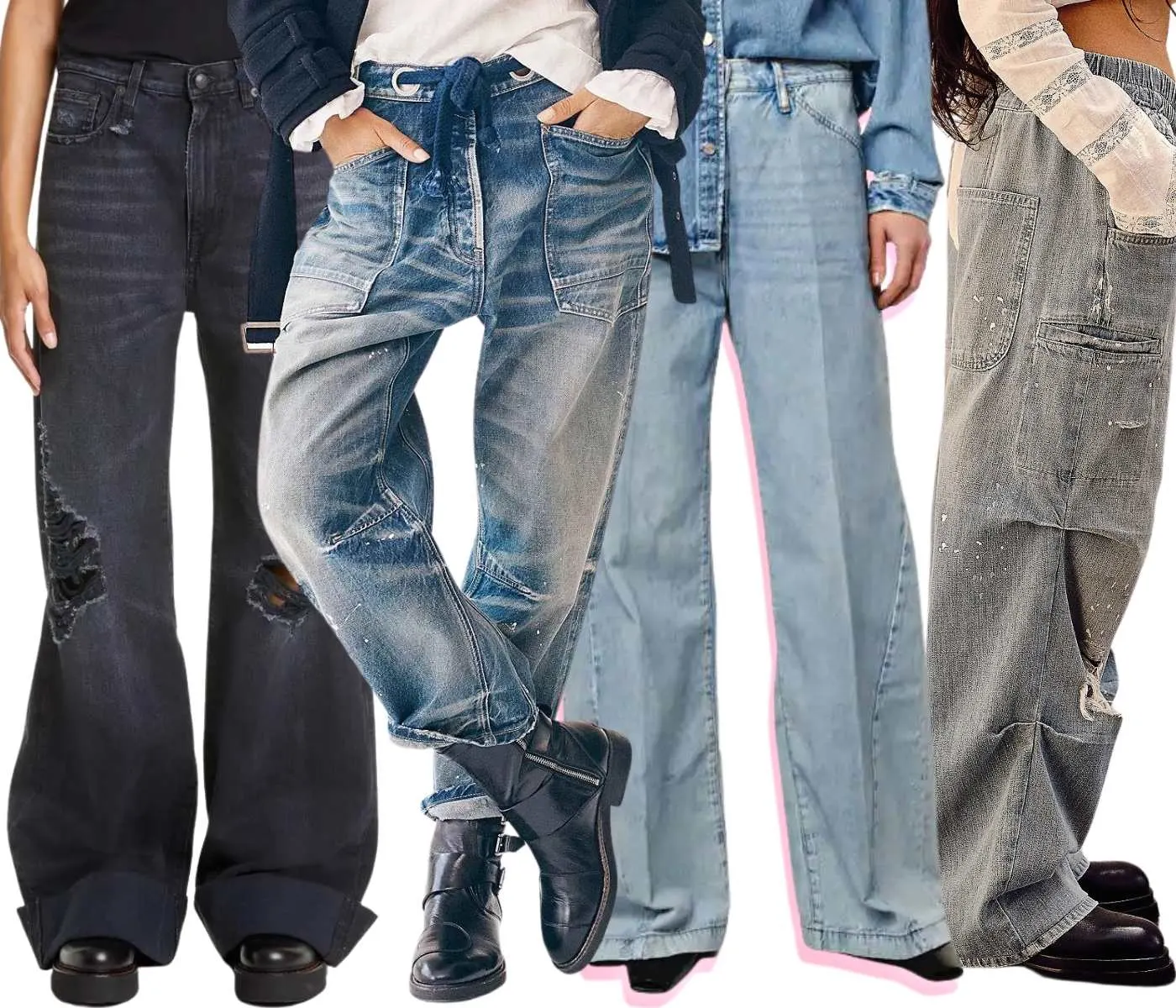 Collage of cropped view of 4 women's legs wearing different ankle boots with jeans that are baggy and loose.