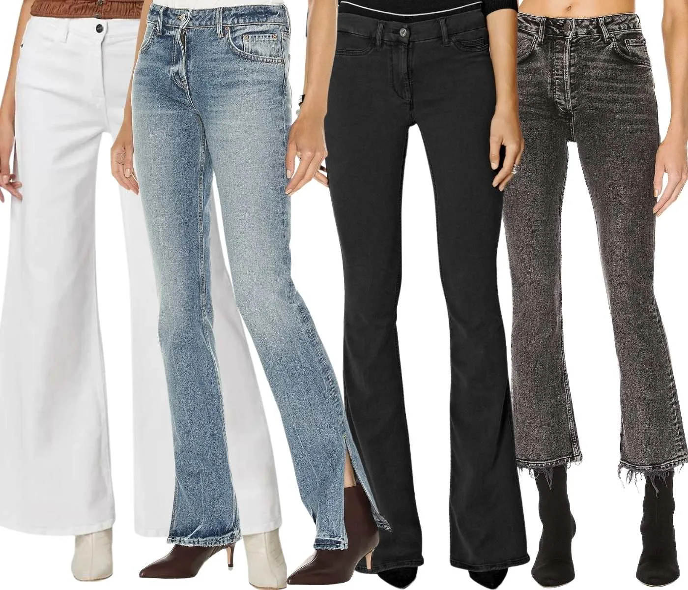 Collage of cropped view of 4 women's legs wearing different ankle boots with flare and bootcut jeans.