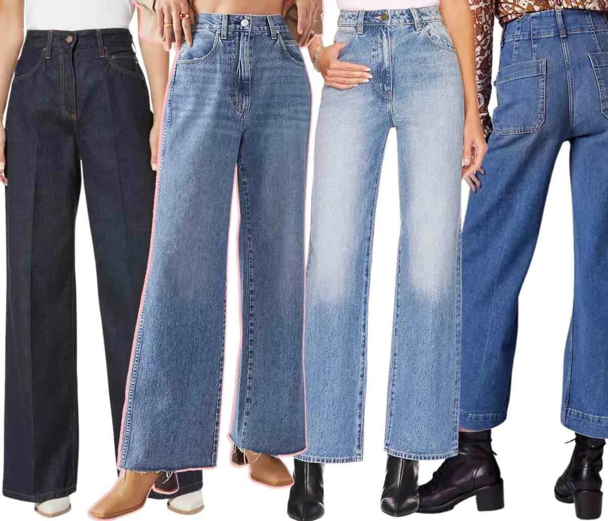 Collage of cropped view of 4 women's legs wearing different ankle boots with jeans that are wide legged.