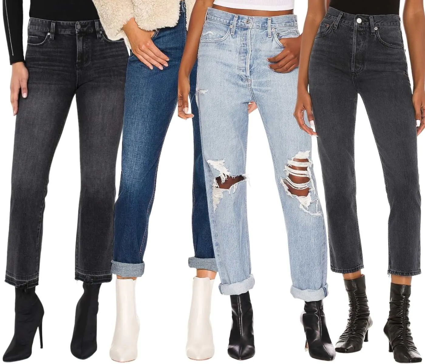 Collage of 4 women's legs wearing different ankle boots with straight leg jeans that are cropped.