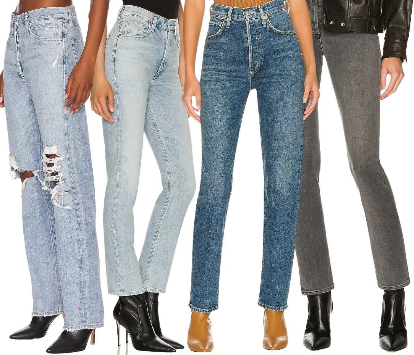 Collage of cropped view of 4 women's legs wearing different ankle boots with straight leg jeans.
