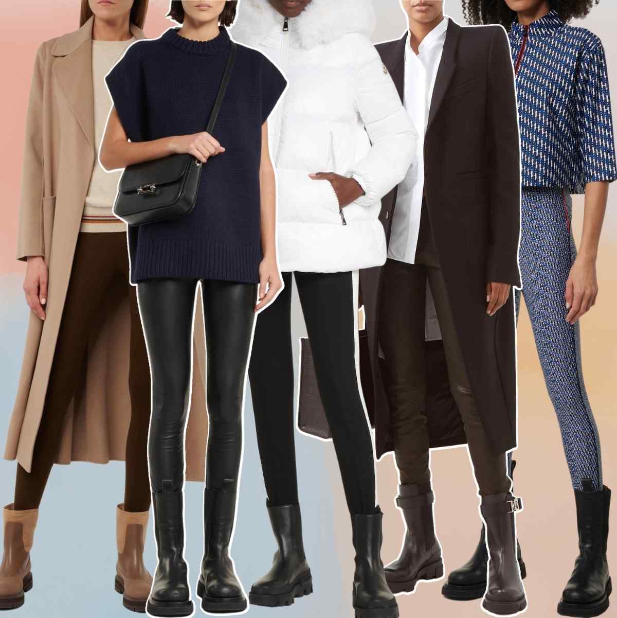 Collage of 5 women wearing different Chelsea boots with leggings outfits.