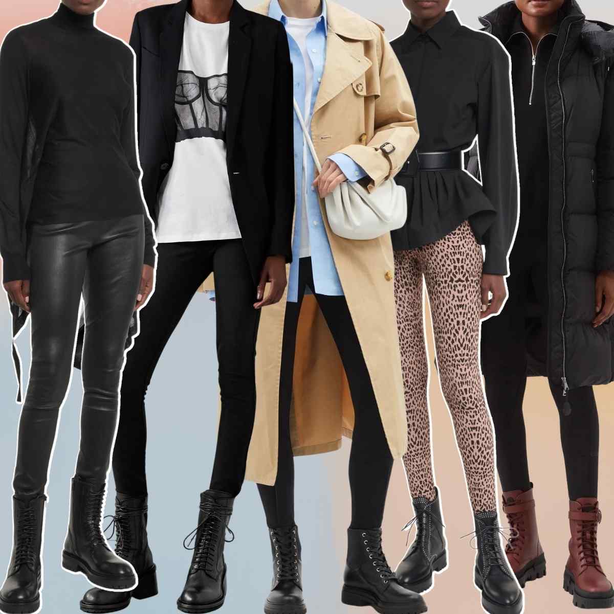 Collage of 5 women wearing different combat boots with leggings outfits.