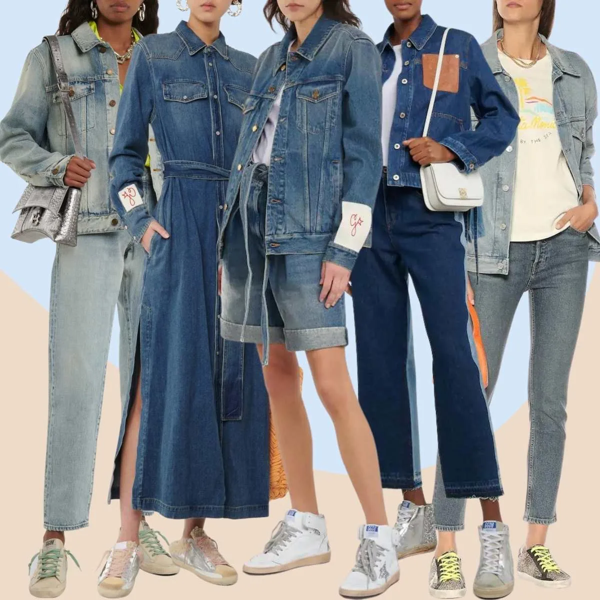 Collage of 5 women wearing different casual golden goose outfits with denim.