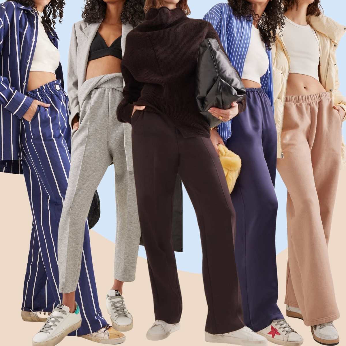Collage of 5 women wearing different golden goose outfits with joggers and sweatpants.