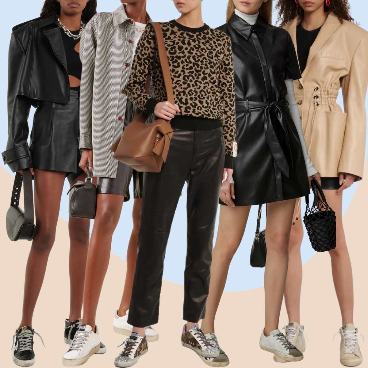 Collage of 5 women wearing different golden goose outfits with leather.