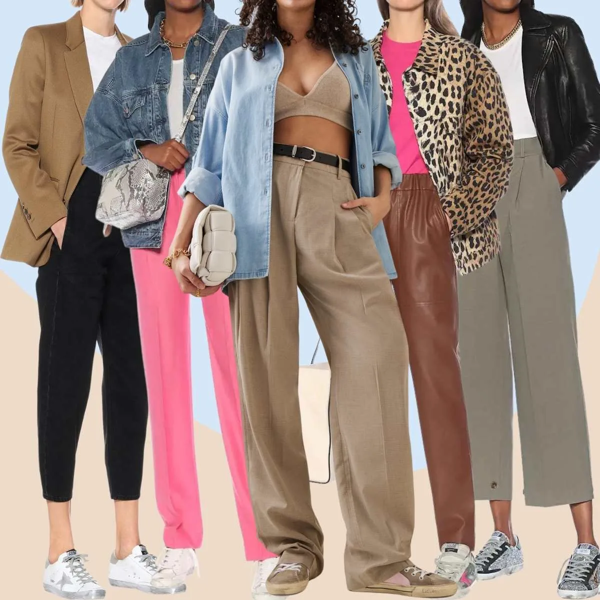 Collage of 5 women wearing different golden goose outfits with pants.