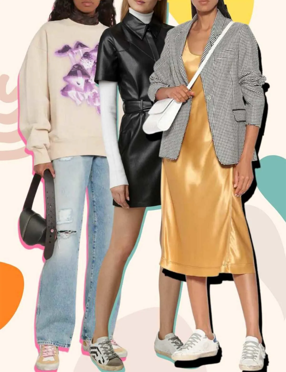 Collage of 3 women wearing different Golden Goose sneakers outfits.