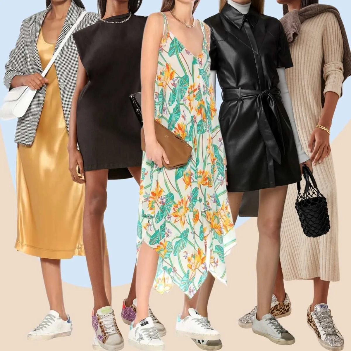 Collage of 5 women wearing different golden goose outfits with dresses.