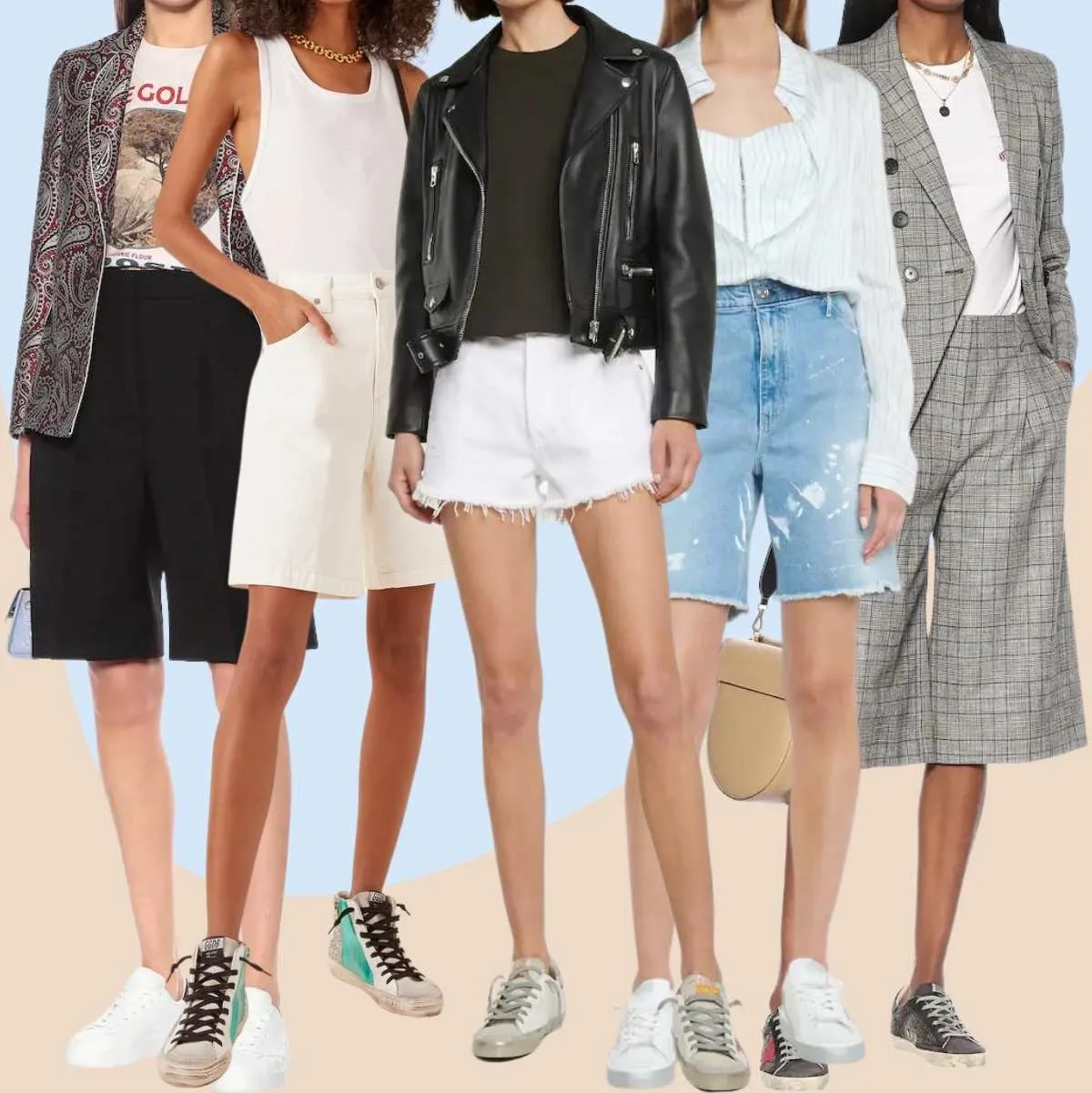 Collage of 5 women wearing different golden goose outfits with shorts.