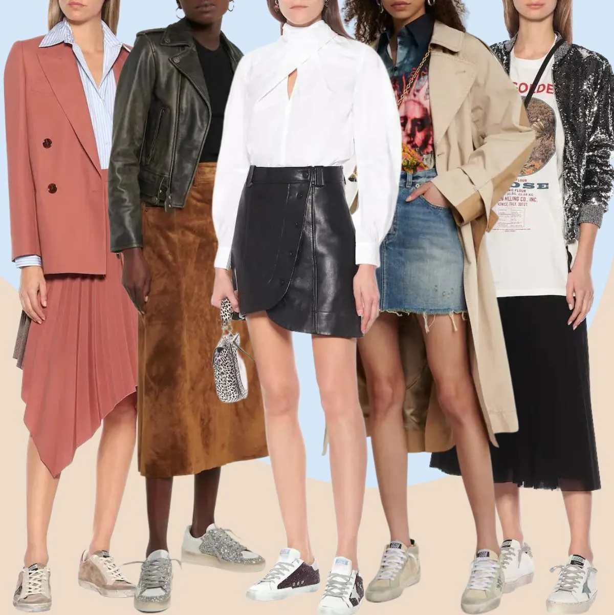 Collage of 5 women wearing different golden goose outfits with skirts.