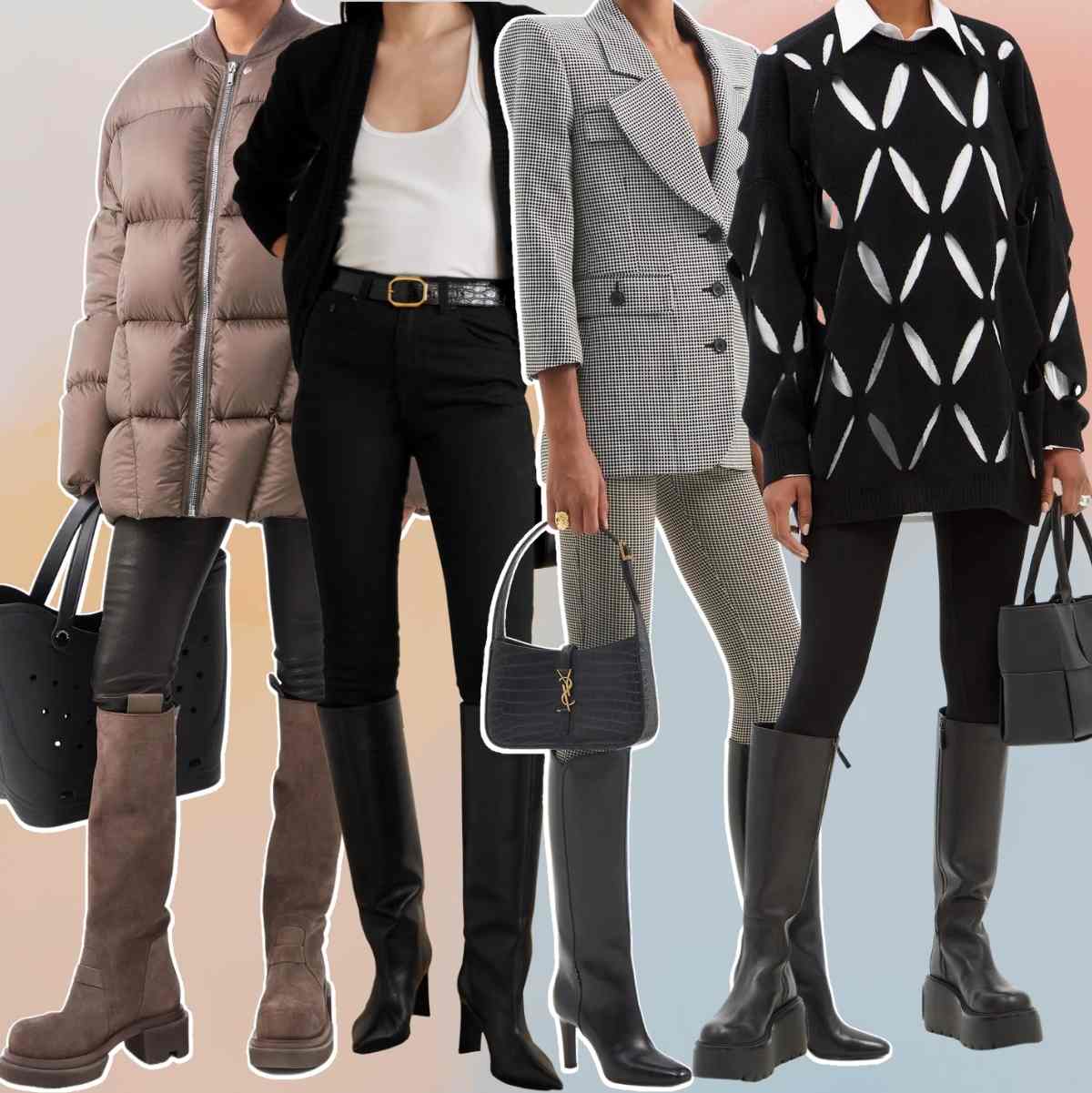 Collage of 4 women wearing different knee high boots with leggings outfits.