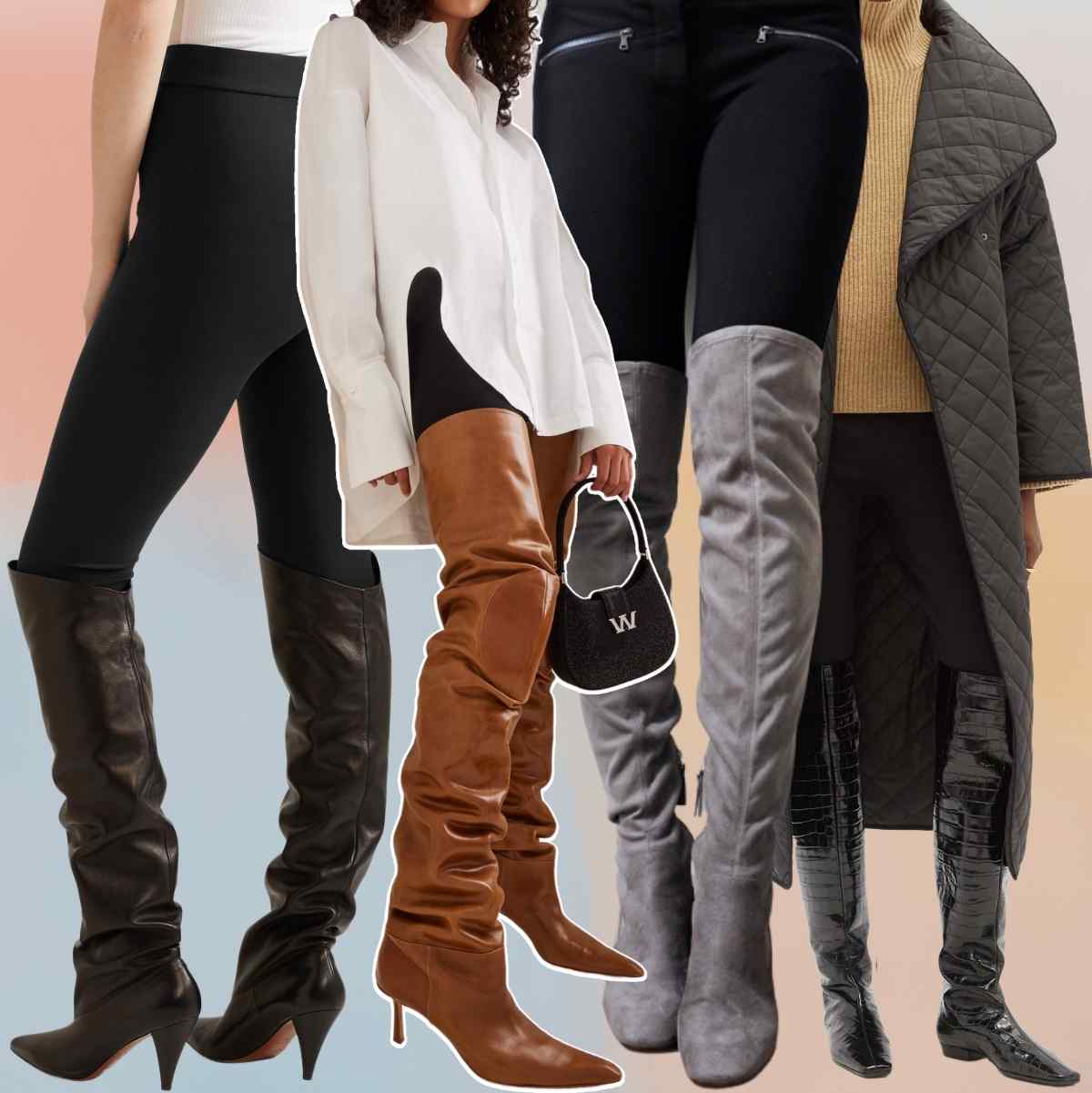 Collage of 5 women wearing different over the knee boots with leggings outfits.