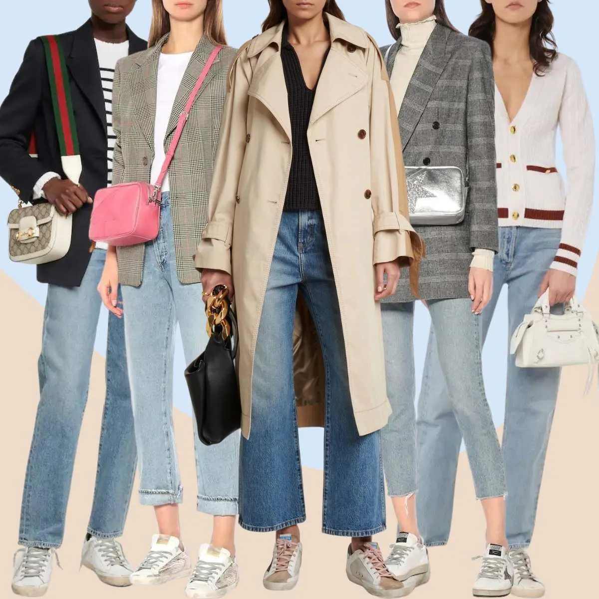 Collage of 5 women wearing different preppy golden goose outfits with jeans.