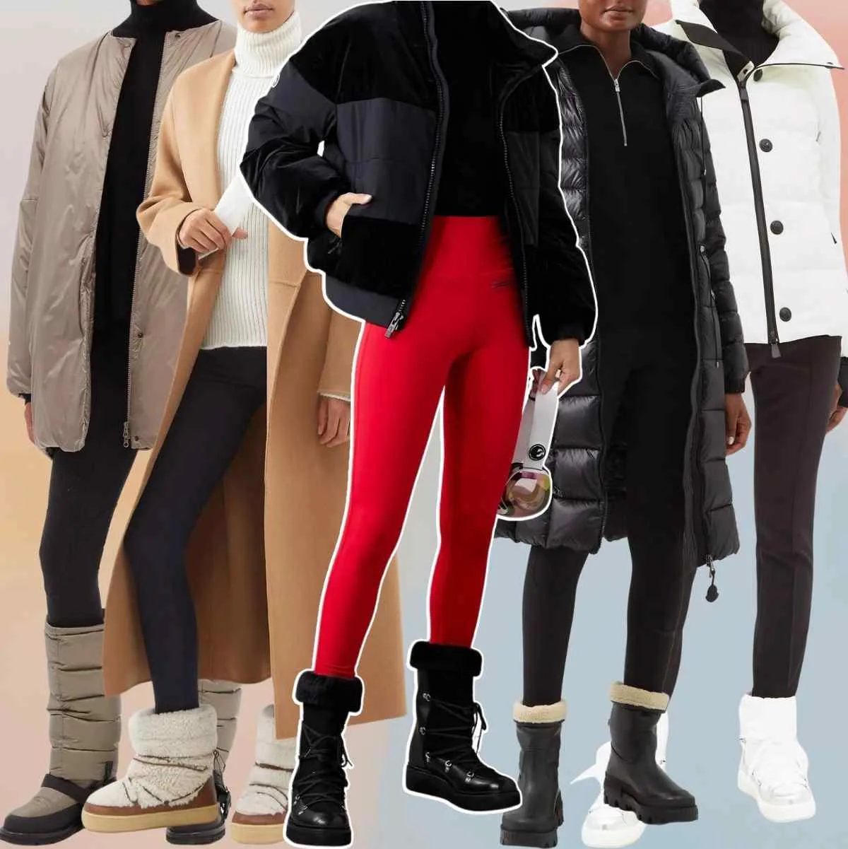 Collage of 5 women wearing different winter boots with leggings outfits.