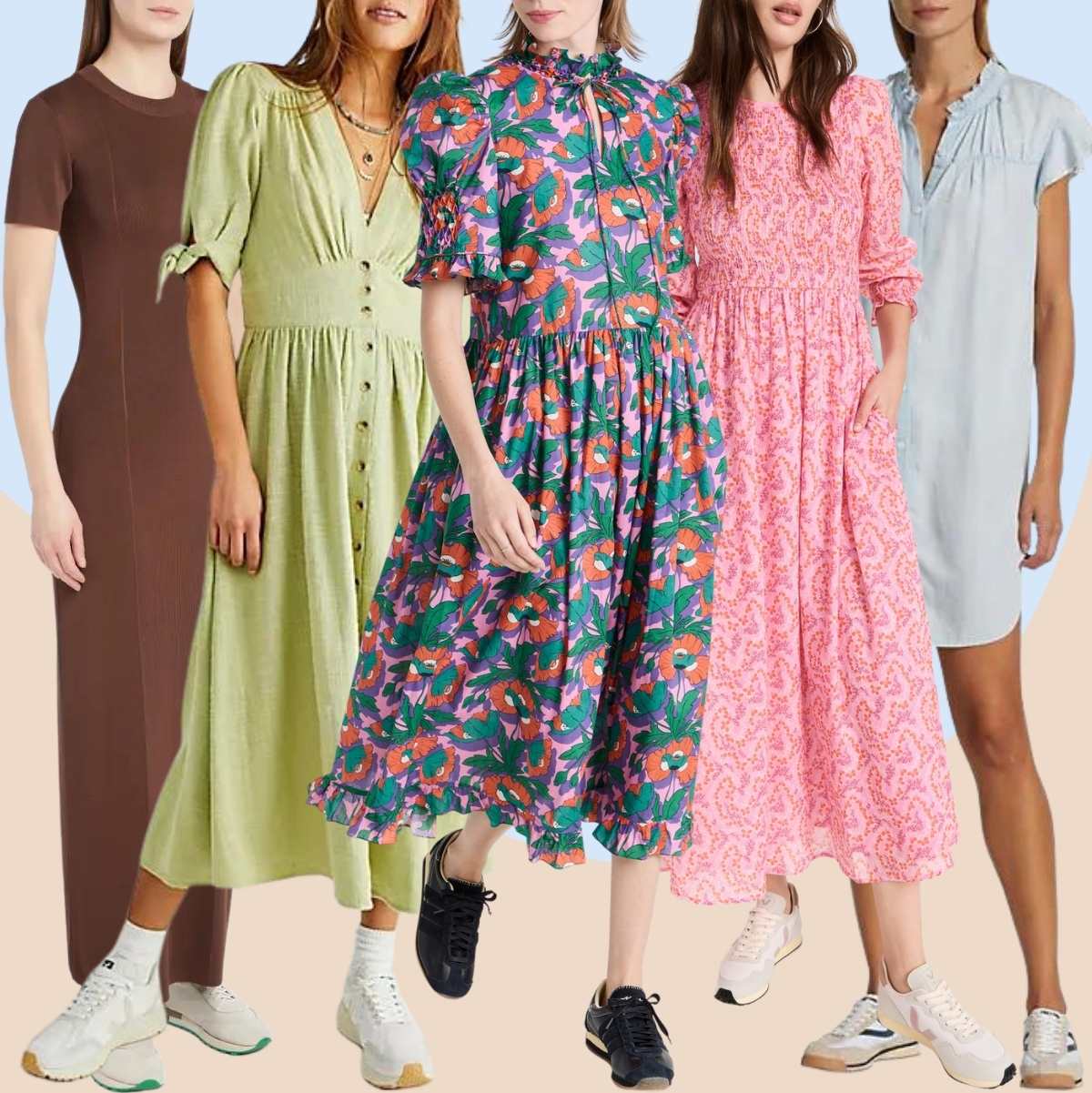 Collage of 5 women wearing retro sneakers with dresses.