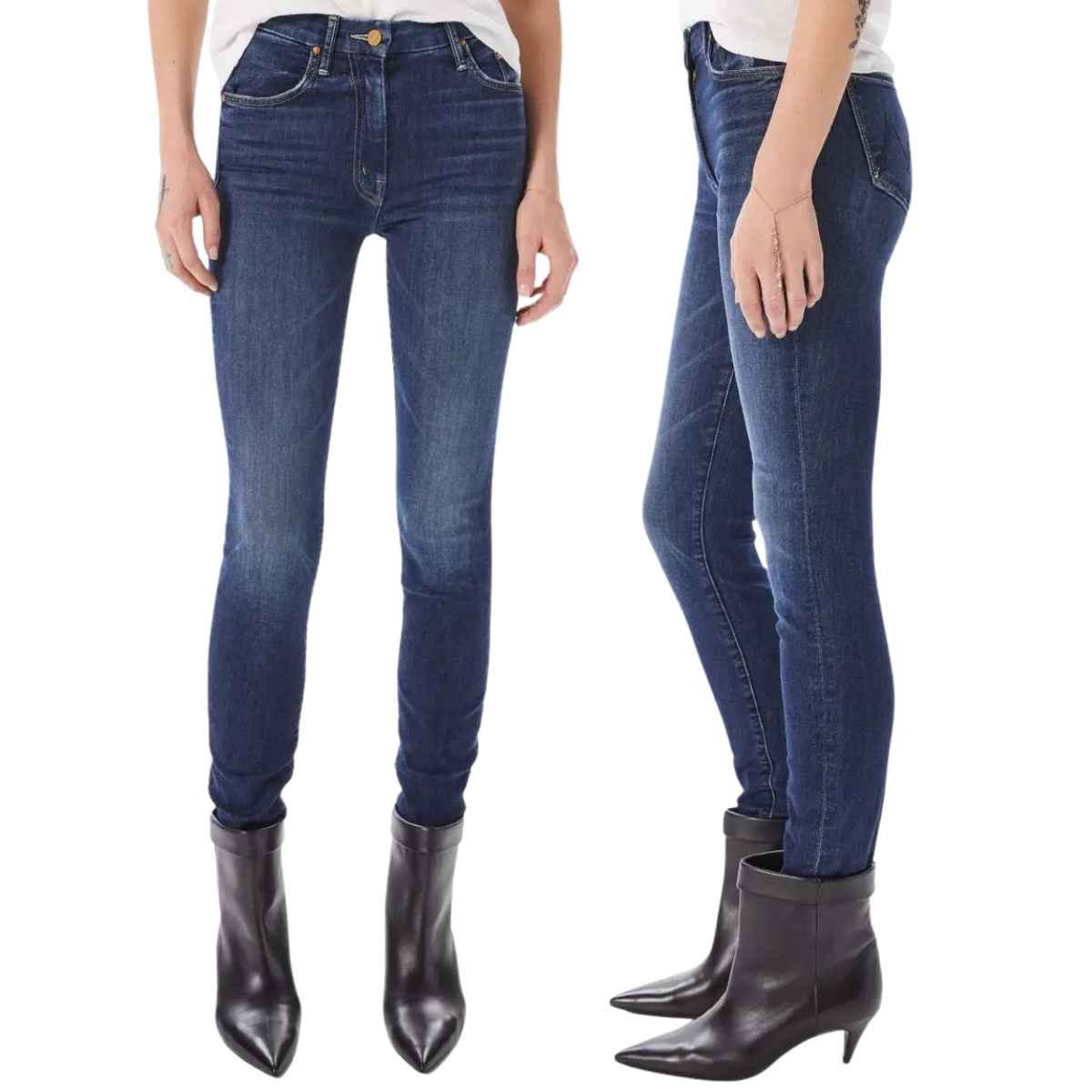 Front and side cropped view of woman's legs wearing dark wash skinny jeans tucked into wide boots on white background.