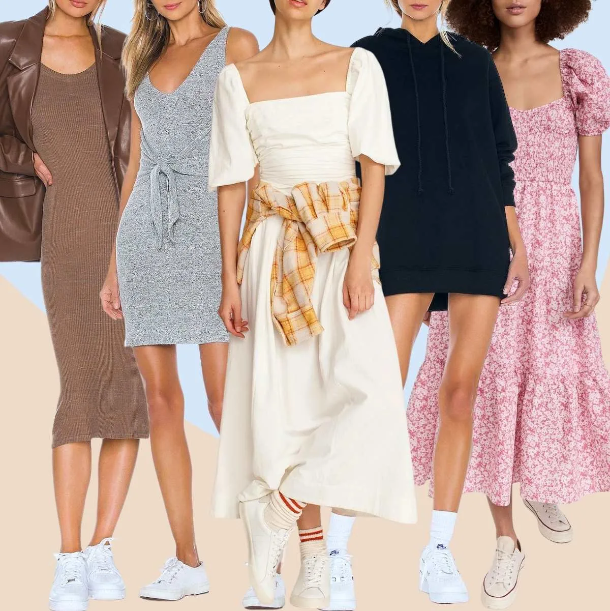 Collage of 5 women wearing white sneakers with dresses.