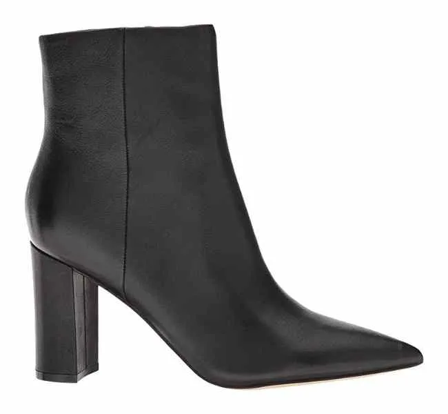 Black leather ankle boot with pointed toe and block heel on a white background.