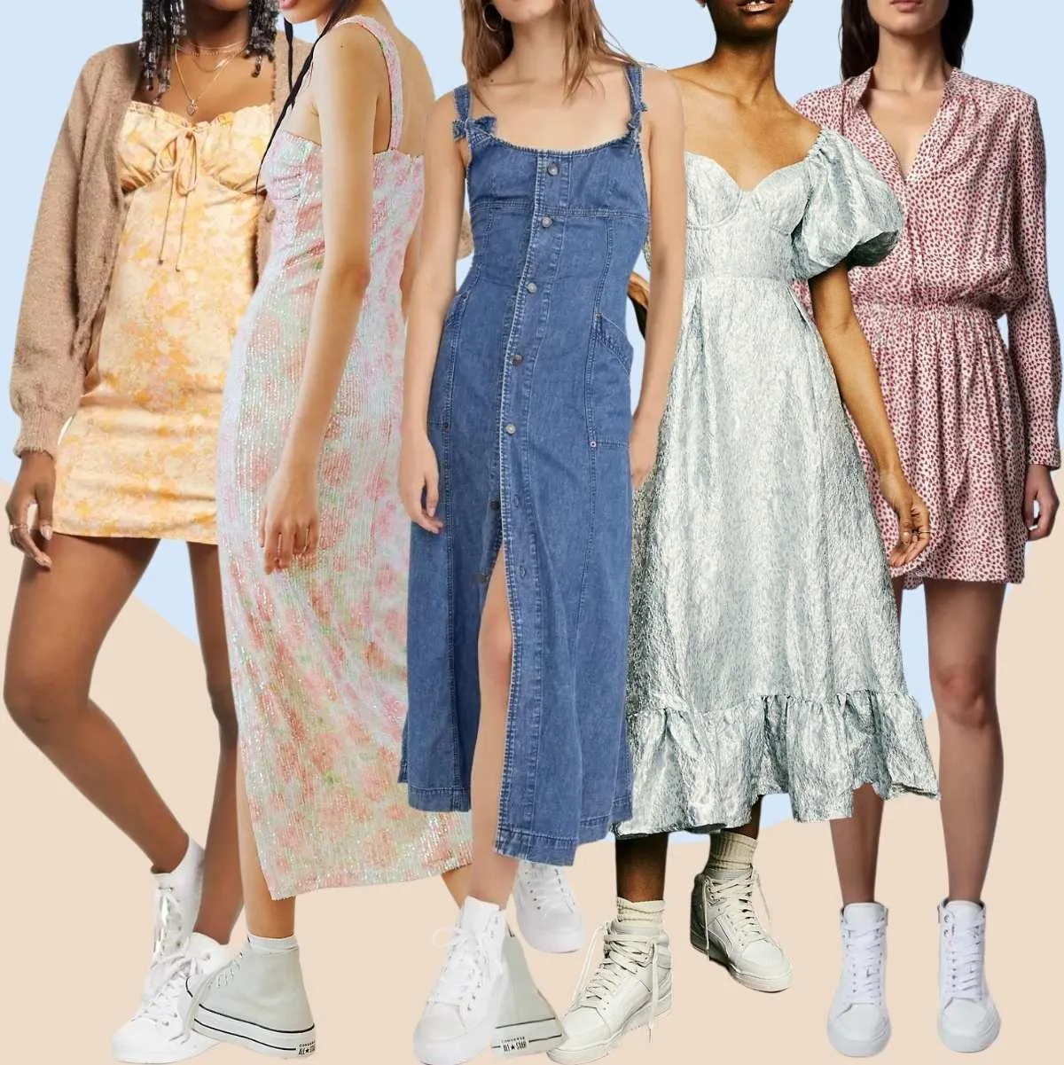 Collage of 5 women wearing high top sneakers with dresses.