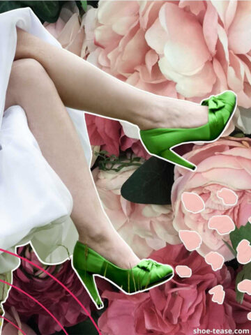 Collage bride's legs kicking out her feet wearing non traditional wedding shoes in green satin over rose bouquet graphic.