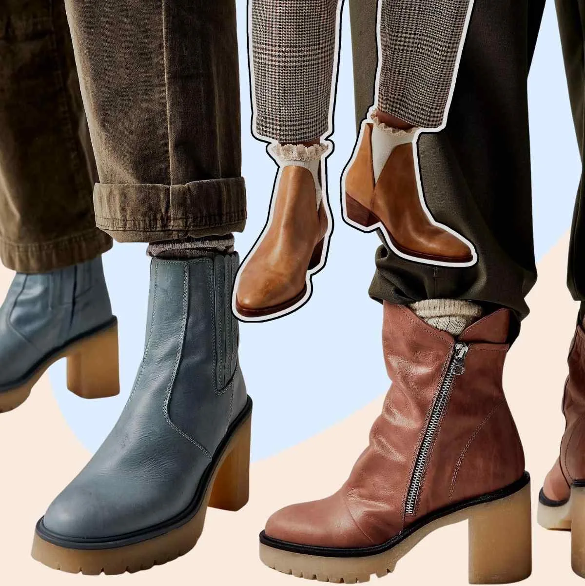Collage of close ups of 3 women's feet wearing ankle boots with dress pants and socks styled in different ways.