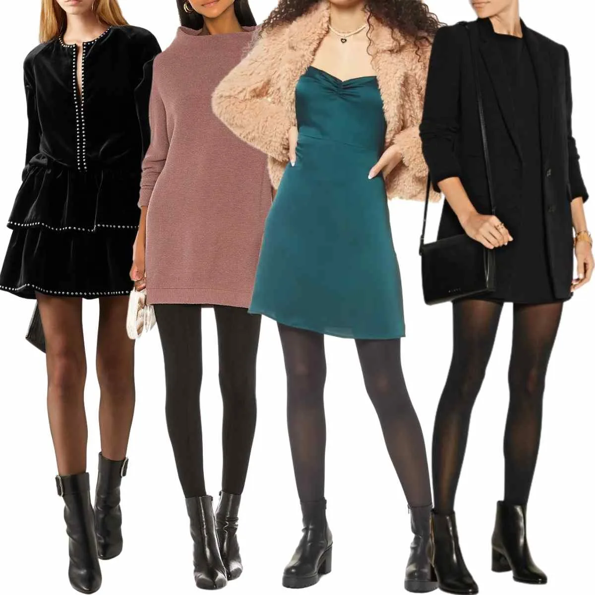 Collage of 4 women wearing different ankle boots with dresses and tights and leggings.