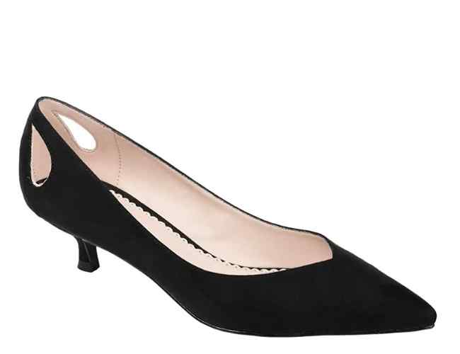 Black cut out suede kitten heel pump shoe on white background.