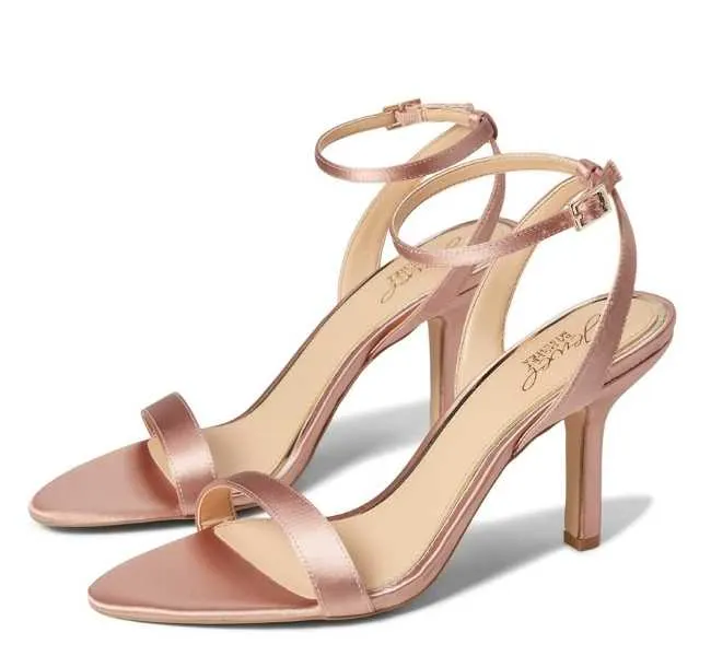 Pink leather and textile lining and insole adjustable buckle closure open pointed toe stiletto heel on white background.