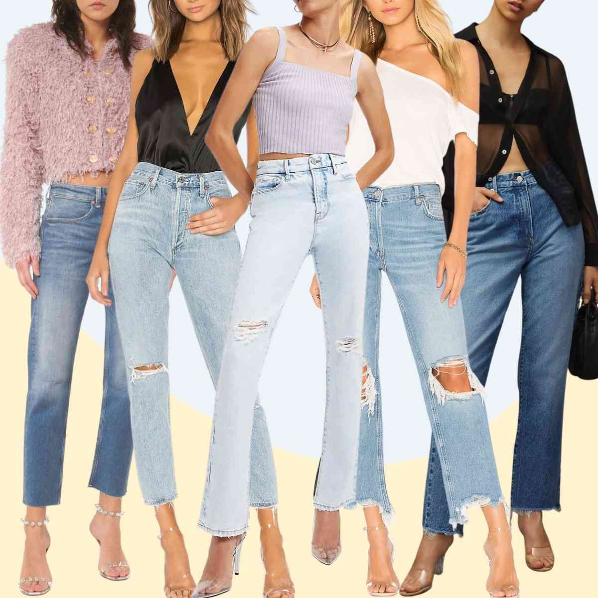 Collage of 5 women wearing different clear heel outfits with jeans.