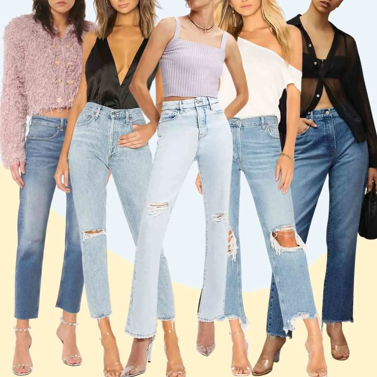 Collage of 5 women wearing different clear heel outfits with jeans.