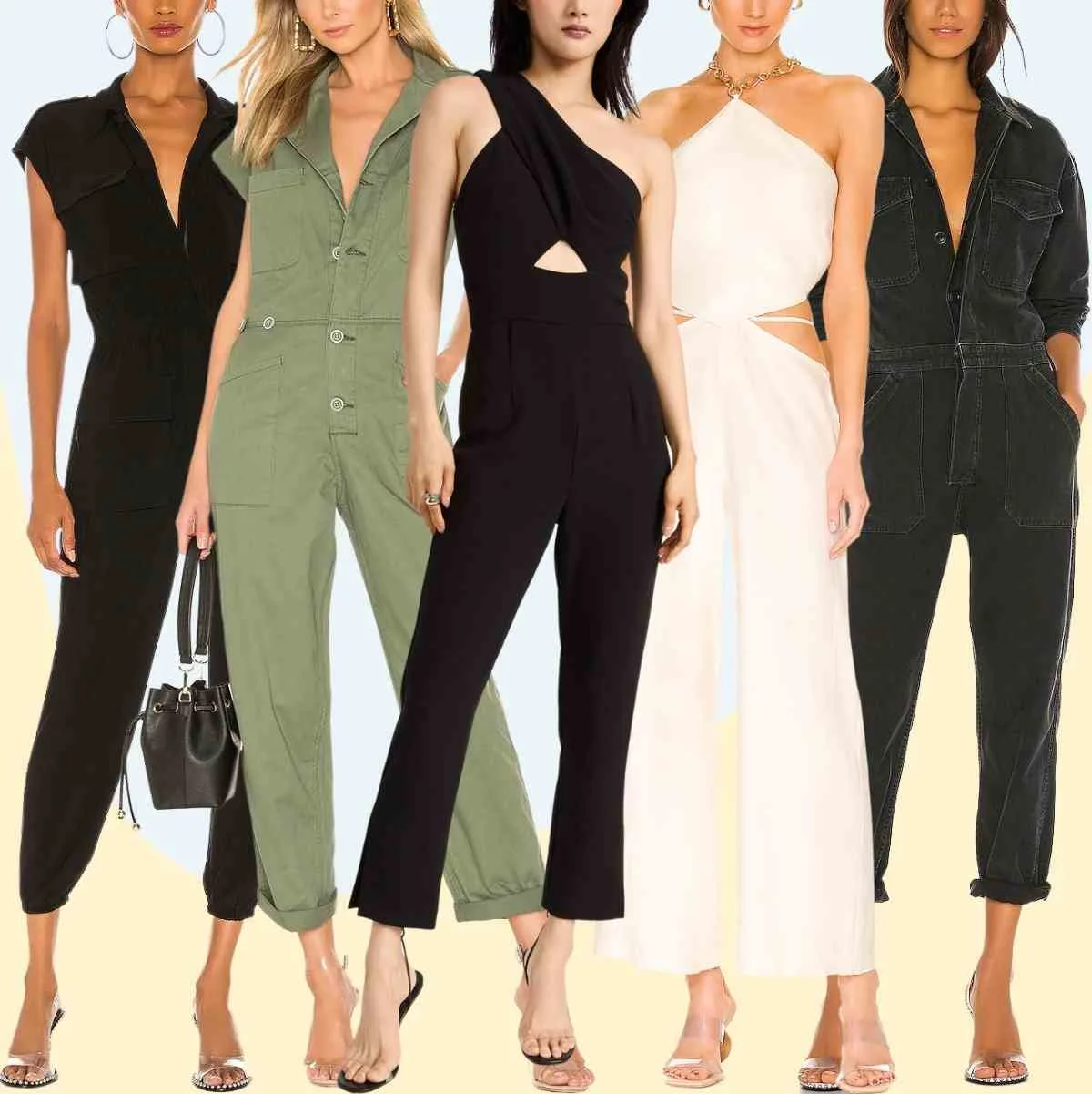 Collage of 5 women wearing different clear heel outfits with jumpsuits.