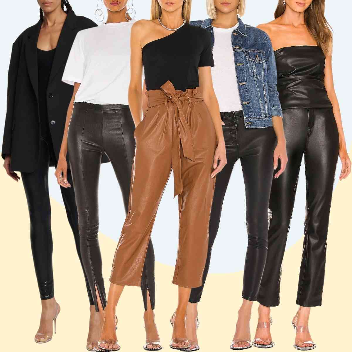 Collage of 5 women wearing different clear heel outfits with leather pants.