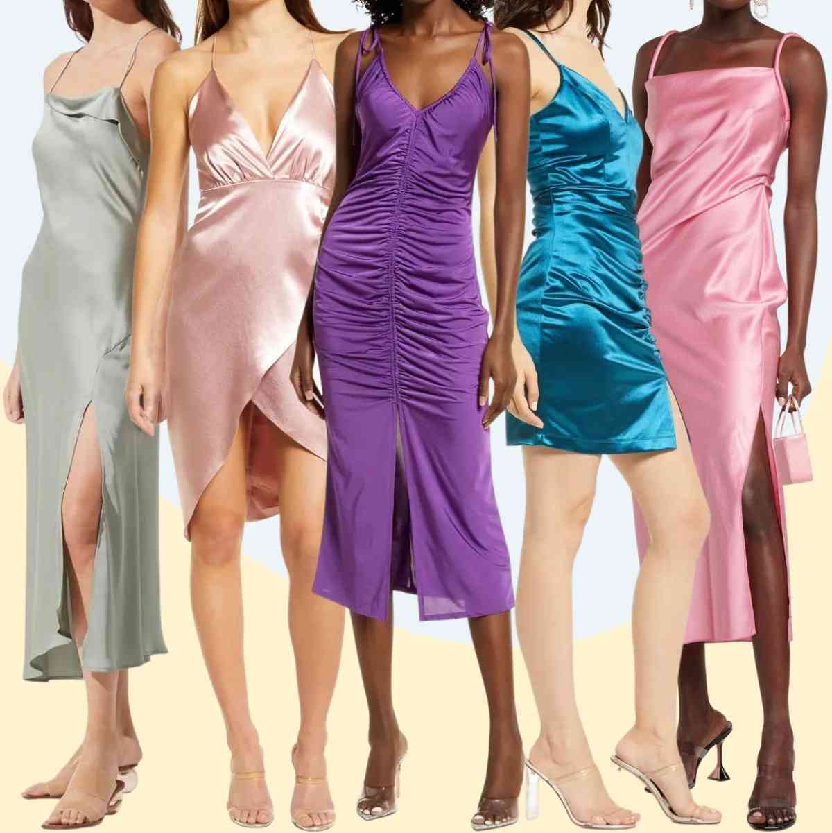 Collage of 5 women wearing clear heel outfits with slip dresses.