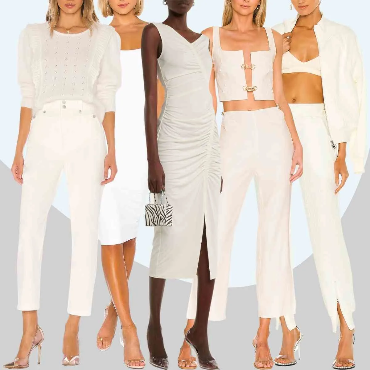 Collage of 5 women wearing clear heel outfits with white clothing.
