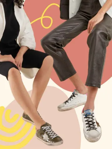 Collage with cropped view of 2 women wearing golden goose outfits with sneakers.