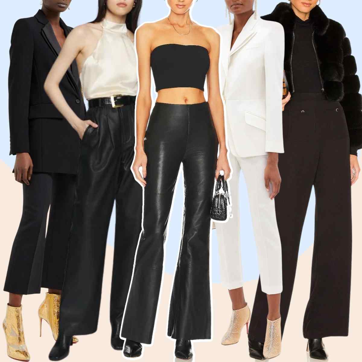 Collage of 5 women wearing different ankle boots with dress pants with fancy outfit.