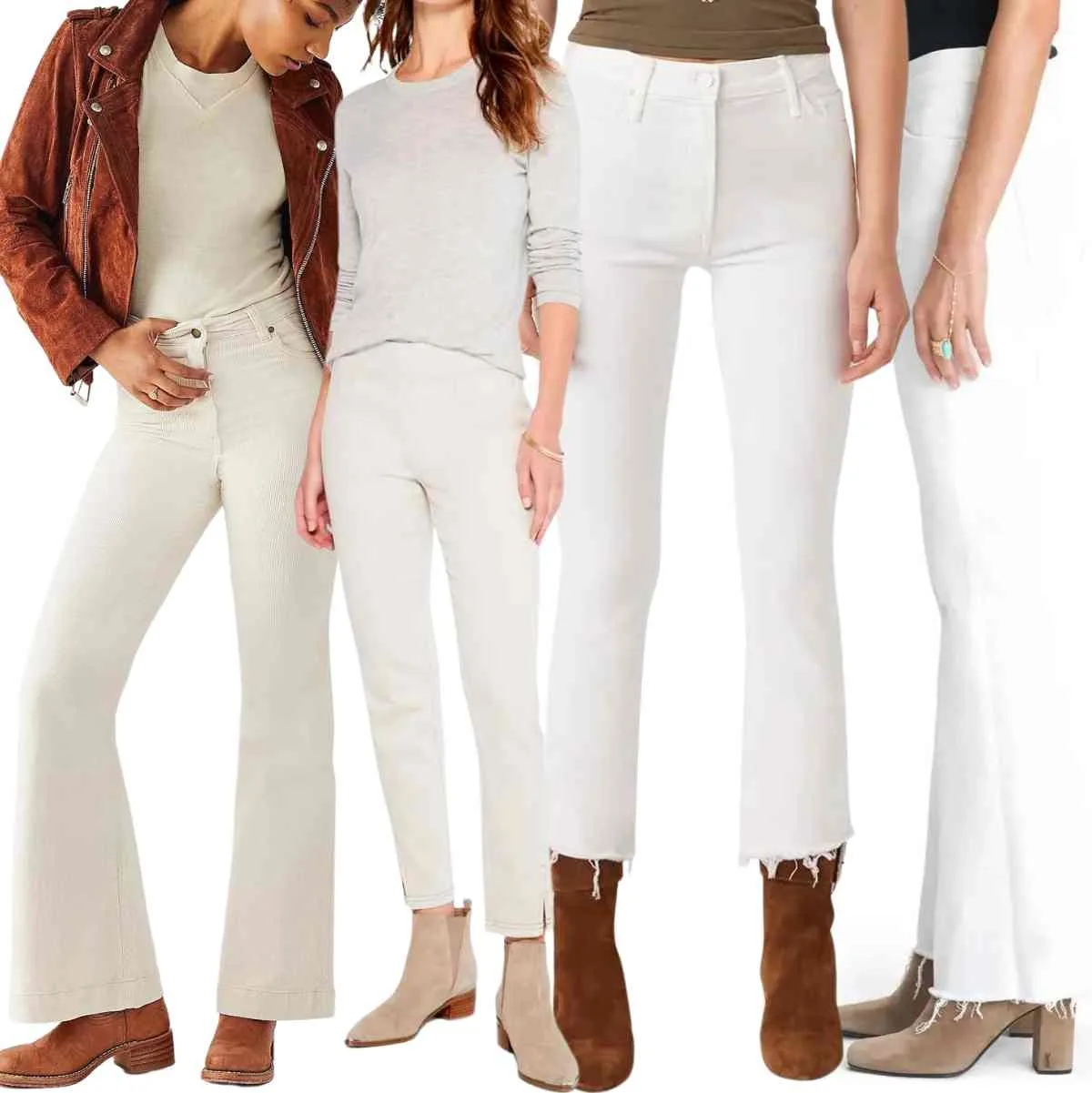 Collage of cropped view of 4 women wearing different white jeans and brown ankle boots outfits.