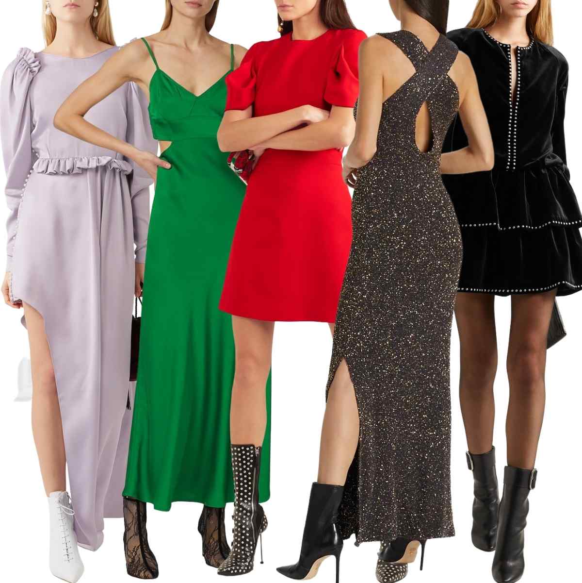 Collage of 5 women wearing different cocktail dresses with ankle boots.