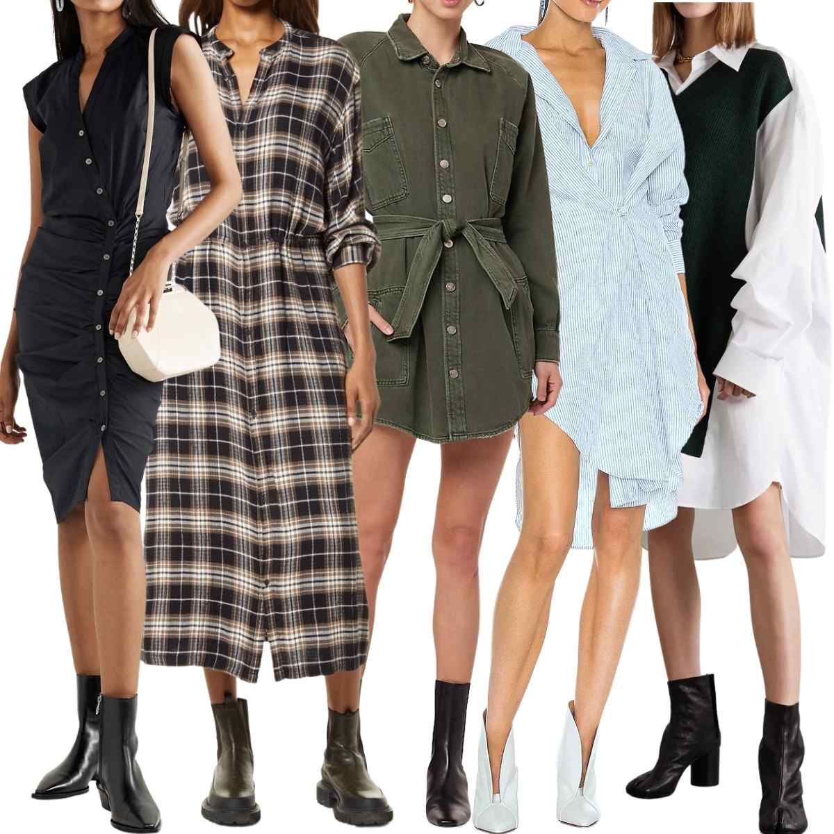 Collage of 5 women wearing different shirt dresses with ankle boots.
