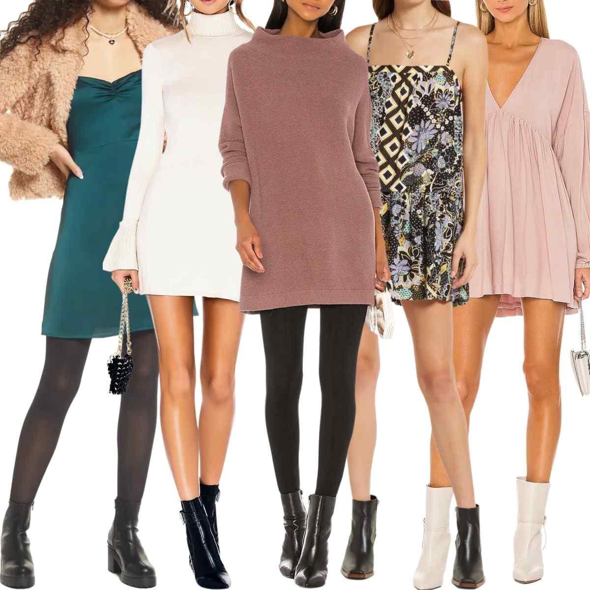 Collage of 5 women wearing different mini dresses with ankle boots.